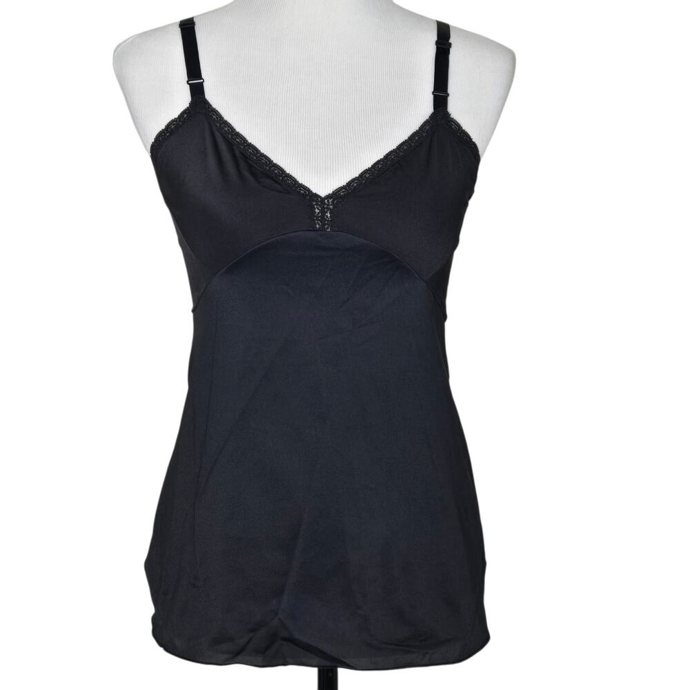 Vintage Shadowline Camisole Top Black Nylon Lingerie Slip Tank Size 34 Lace Trim